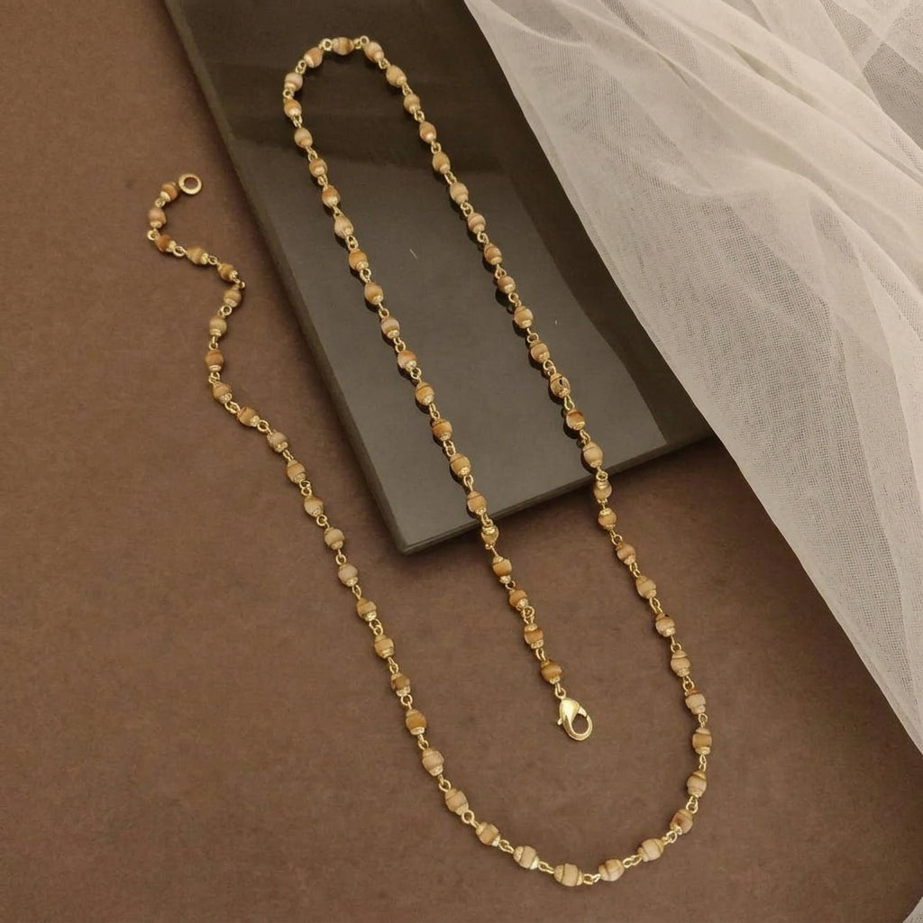 Gold Plated Tulsi Beaded Long Chain Necklace Mala (Close-up Detail) | The Colourful Aura