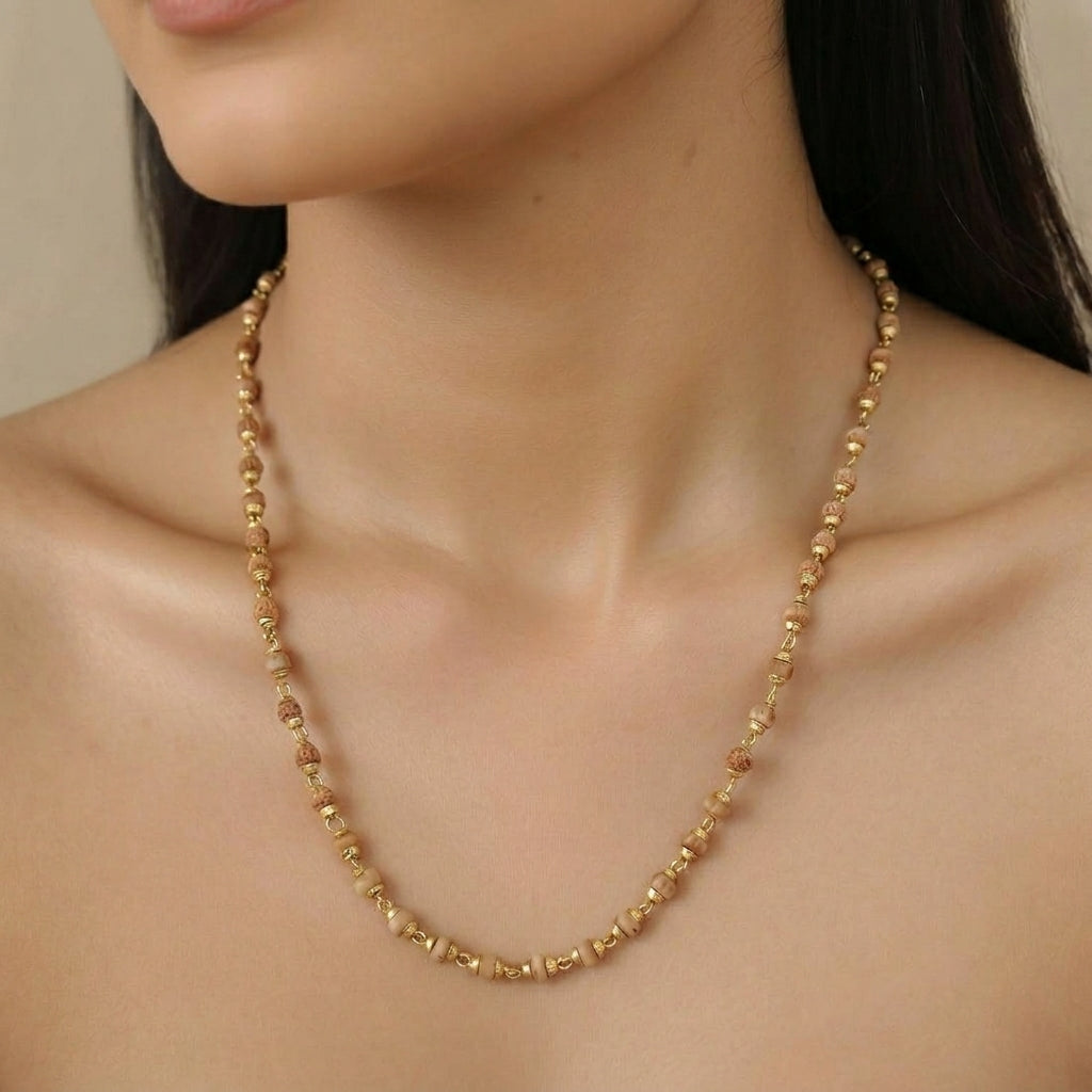Gold Plated Tulsi Beaded Long Chain Necklace Mala (Close-up Detail) | The Colourful Aura