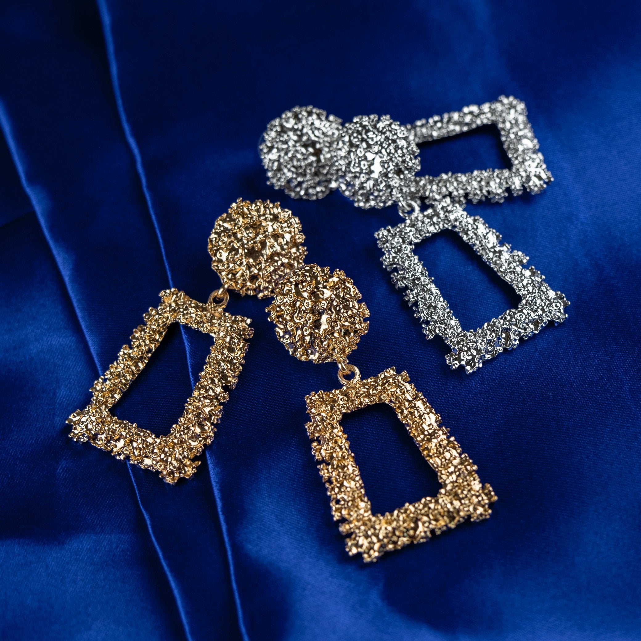 Vintage Hollow Geometric Foil Square Long Drop Statement Earrings
