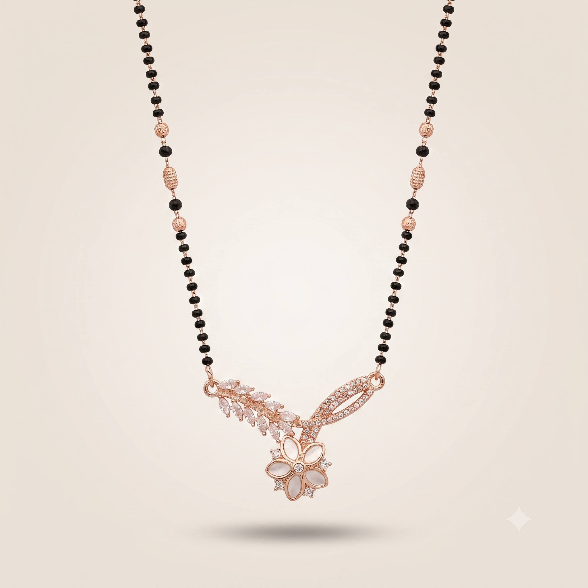 Indian Nazaria Rose Gold Zircon Mangalsutra Black Beads Pendant Necklace