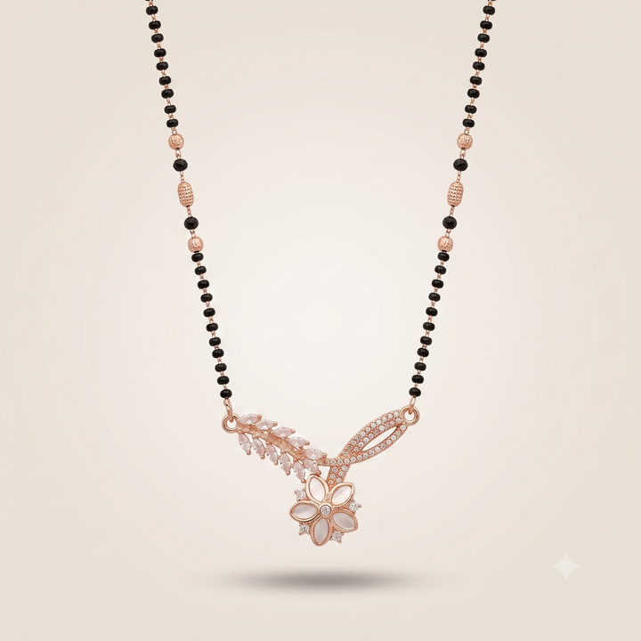 Indian Nazaria Rose Gold Zircon Mangalsutra Black Beads Pendant Necklace