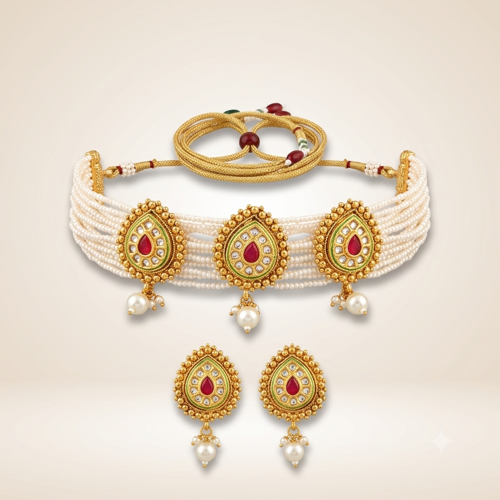 Multi Strand White Pearl Zircon Red Stone Victorian Choker set