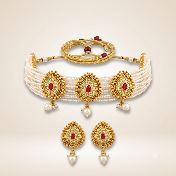 Multi Strand White Pearl Zircon Red Stone Victorian Choker set