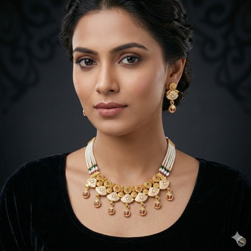 Gold kundan choker necklace set with seed pearl chain worn by model — Indian bridal jewellery UK
