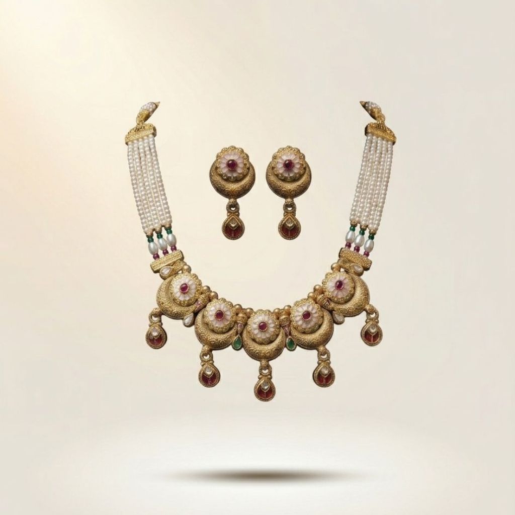 Gold meenakari disc choker necklace set with seed pearl chain and matching earrings — Indian bridal jewellery UK