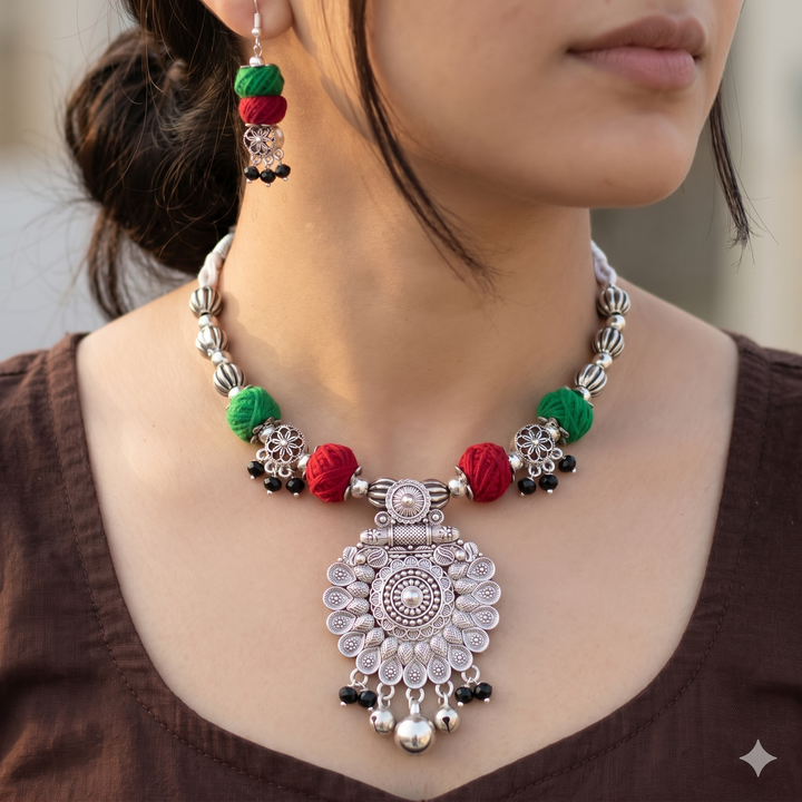 Handcrafted Silver Oxidized Necklace Set with Red & Green Beads – The Colourful Aura