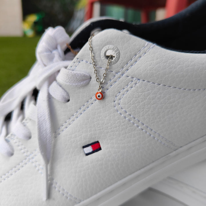 Silver Tiny Evil Eye Dangle Shoe Lace Charm Sneaker Accessories Skate Charm (Close-up Detail) | The Colourful Aura