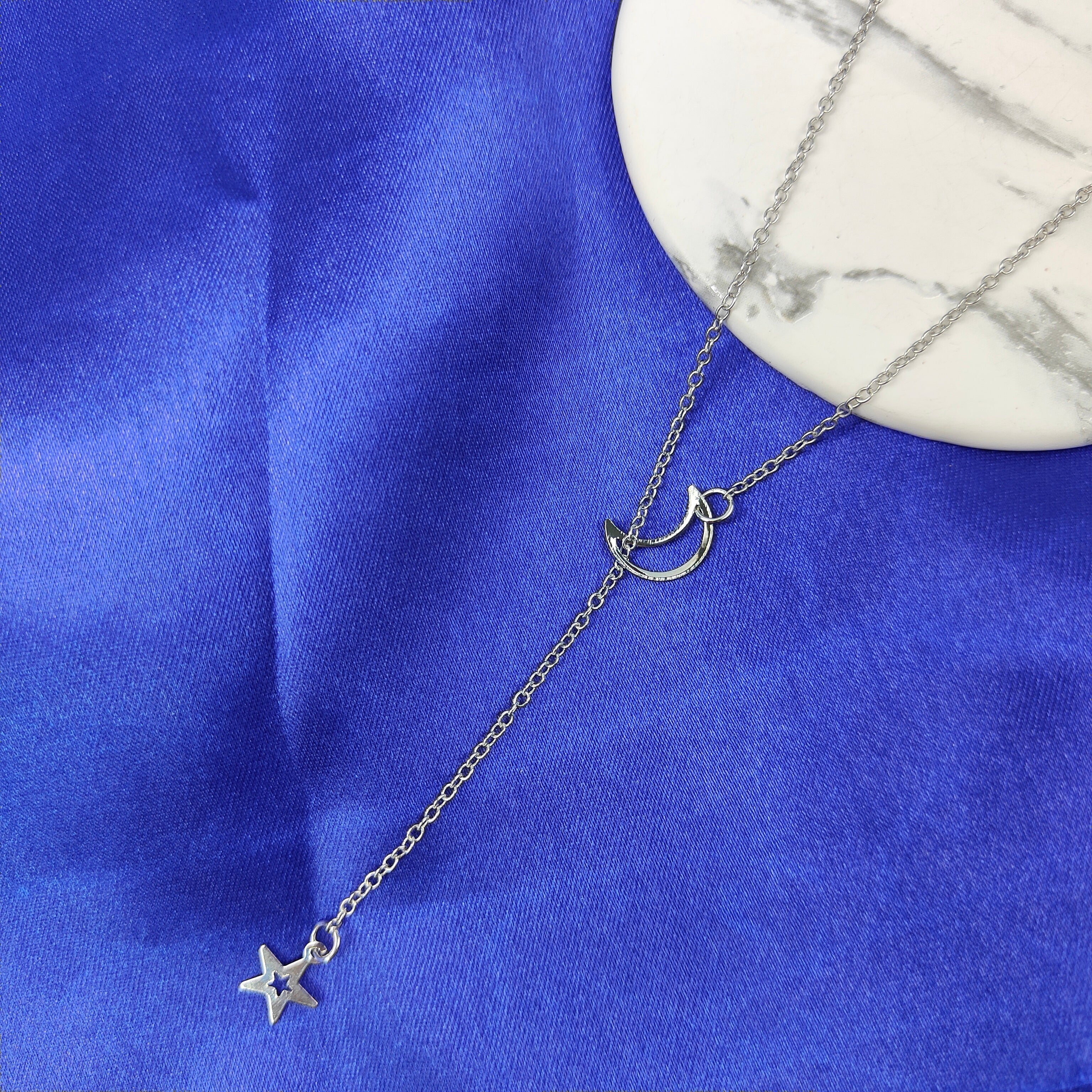 Long Slim Moon Star Drop Y Shape Moon Interlock Lariat Necklace