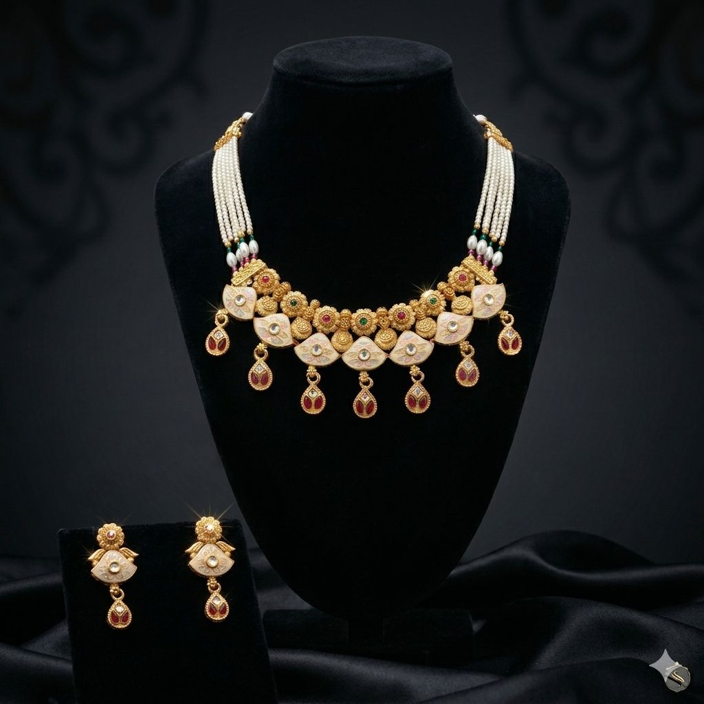 Kundan pearl choker necklace with matching earrings on velvet display — Indian wedding jewellery