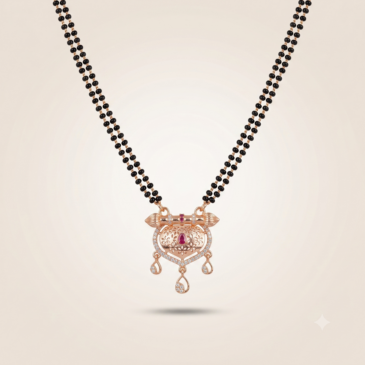 Indian Ethnic Rose Gold Floral Heart Zircon Ruby Mangalsutra Wedding Pendant Necklace — Boho Jewellery UK | The Colourful Aura