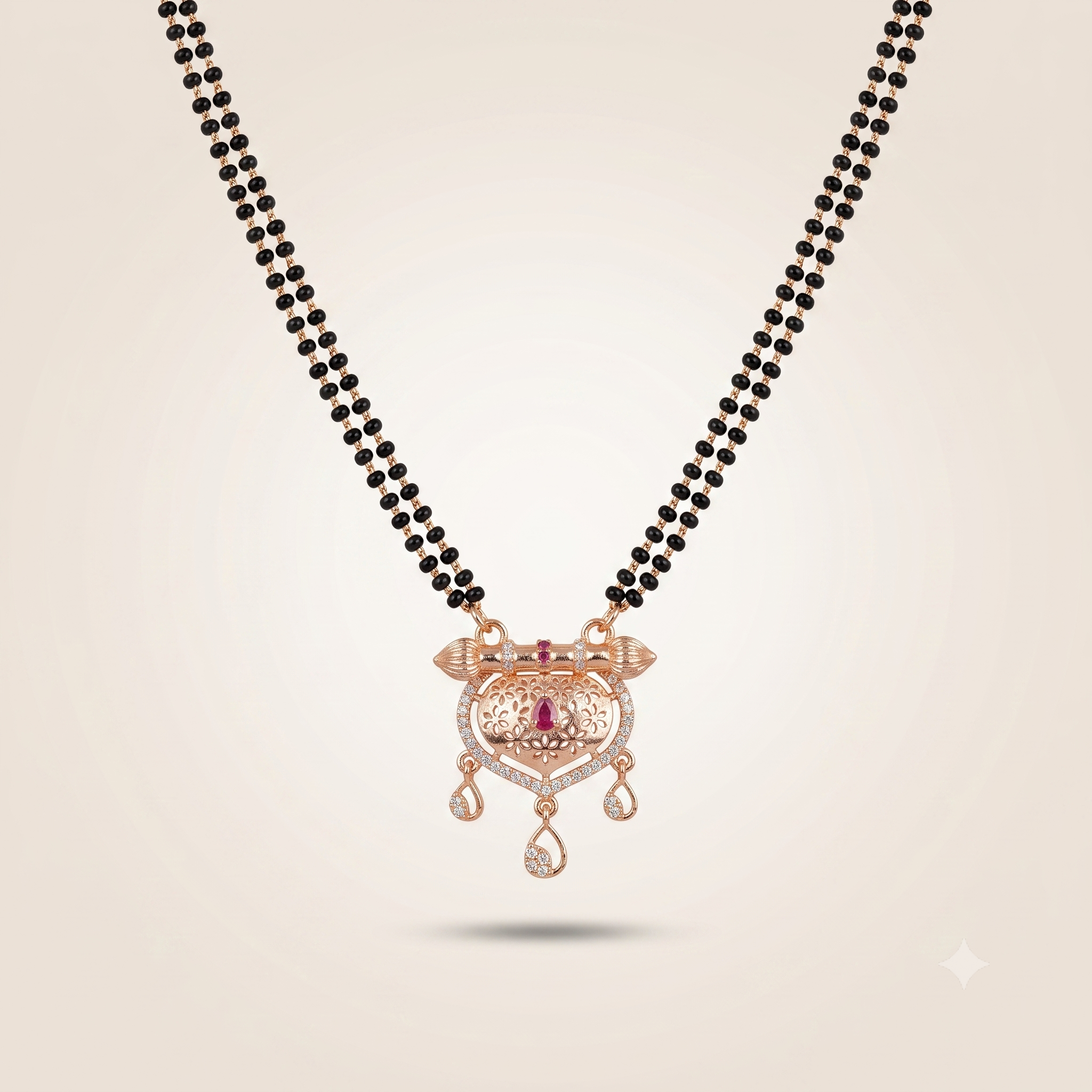 Indian Ethnic Rose Gold Floral Heart Zircon Ruby Mangalsutra Wedding Pendant Necklace