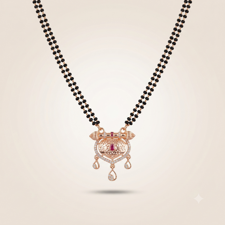 Indian Ethnic Rose Gold Floral Heart Zircon Ruby Mangalsutra Wedding Pendant Necklace