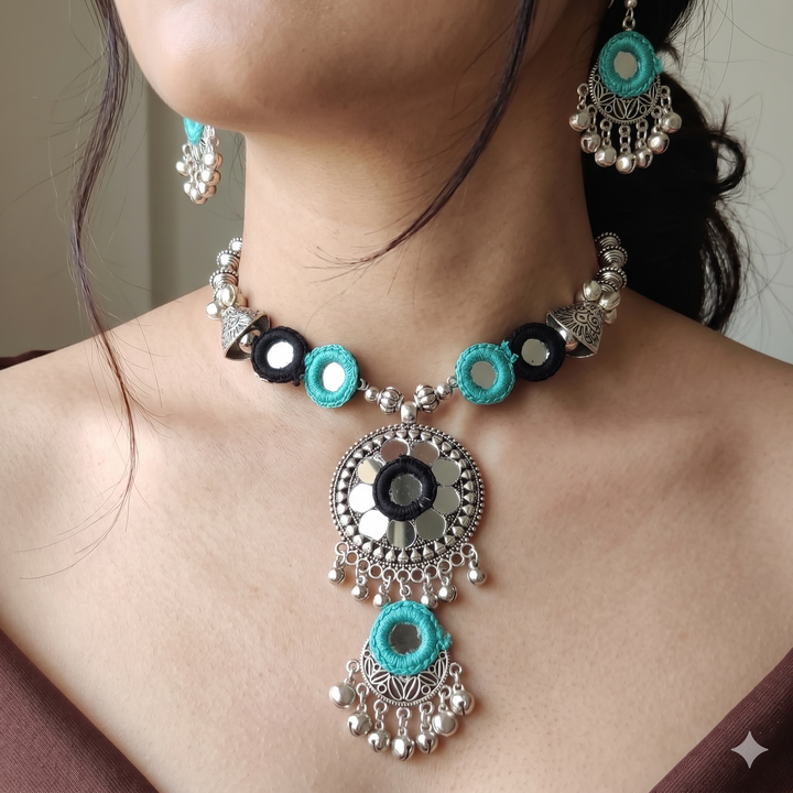 Silver Oxidized Mirror Work Necklace Set with Blue Accents – The Colourful Aura