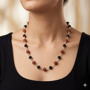 Silver Plated Rudraksha & Black Spiritual Necklace – The Colourful Aura