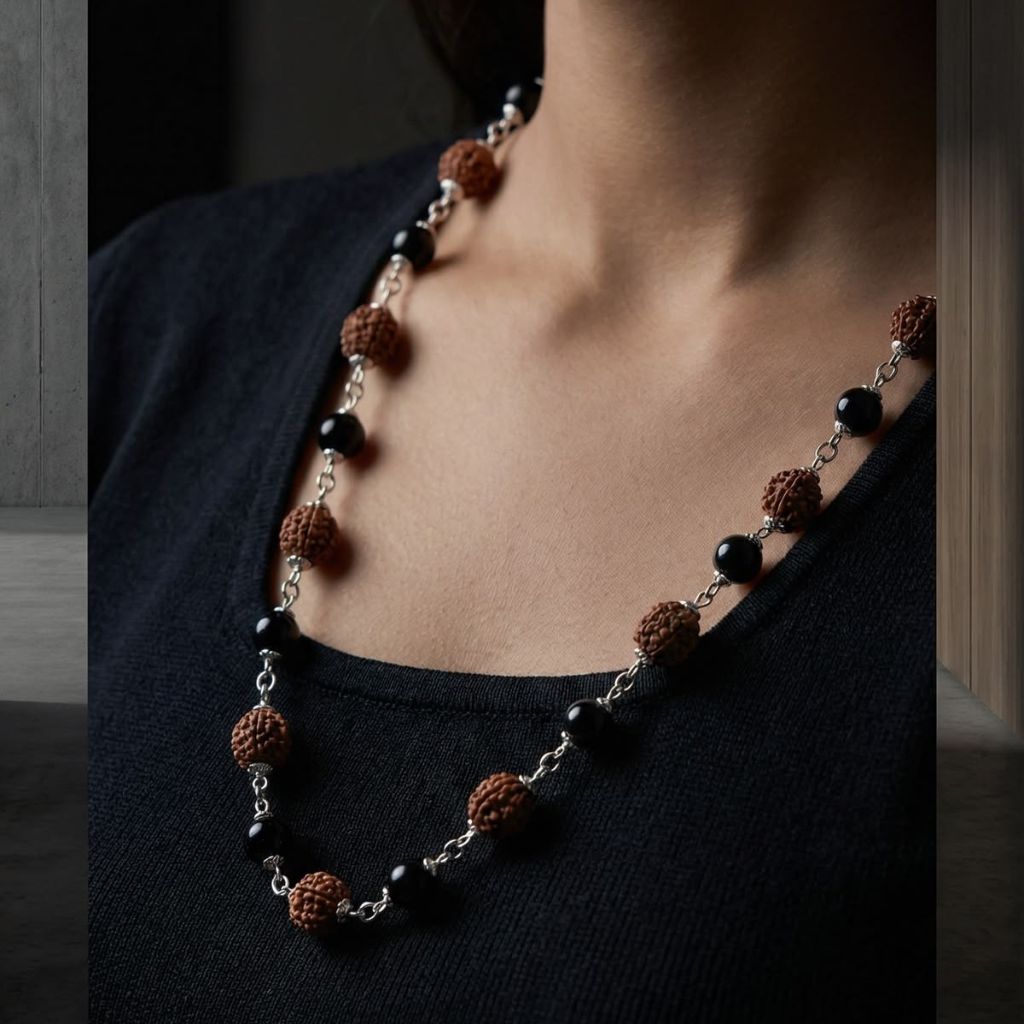 Silver Plated Rudraksha & Black Spiritual Necklace – The Colourful Aura