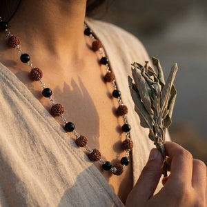 Silver Plated Rudraksha & Black Spiritual Necklace – The Colourful Aura