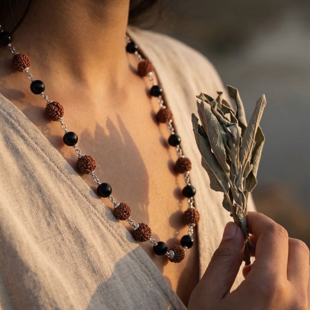Silver Plated Rudraksha & Black Spiritual Necklace – The Colourful Aura
