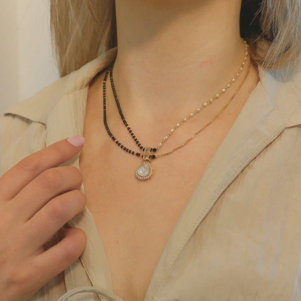 Two Layer Black White Pearl Zircon Tear Drop Mangalsutra Pendant