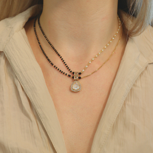 Two Layer Black White Pearl Zircon Tear Drop Mangalsutra Pendant