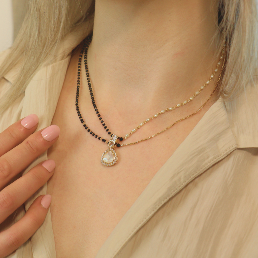 Two Layer Black White Pearl Zircon Tear Drop Mangalsutra Pendant