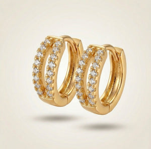 Gold split band crystal huggie hoop earrings 1cm brass dual rail white crystals open channel The Colourful Aura