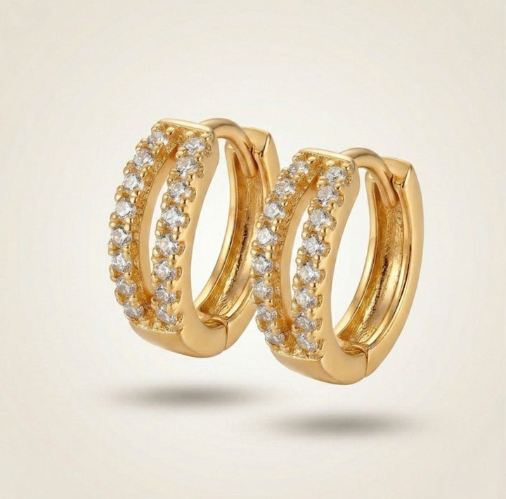 Gold split band crystal huggie hoop earrings 1cm brass dual rail white crystals open channel The Colourful Aura