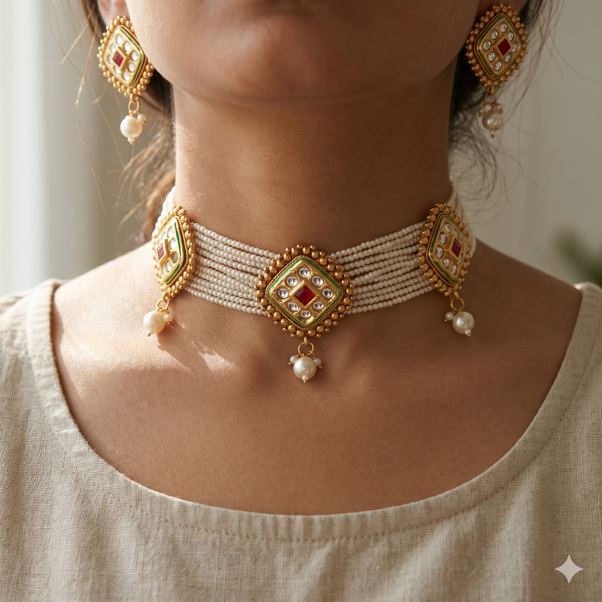 Traditional Ethnic Multi Strand Pearl Kundan Ruby Diamond Pendant Choker – The Colourful Aura