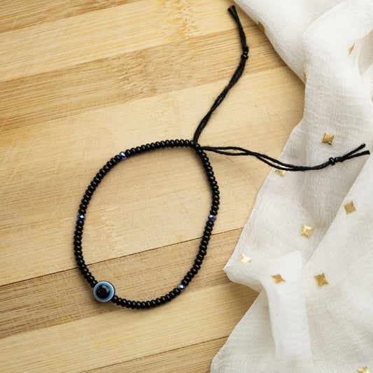 Adjustable Black Beads Evil Eye Indian Nazar Protection Slim Beaded Bracelet