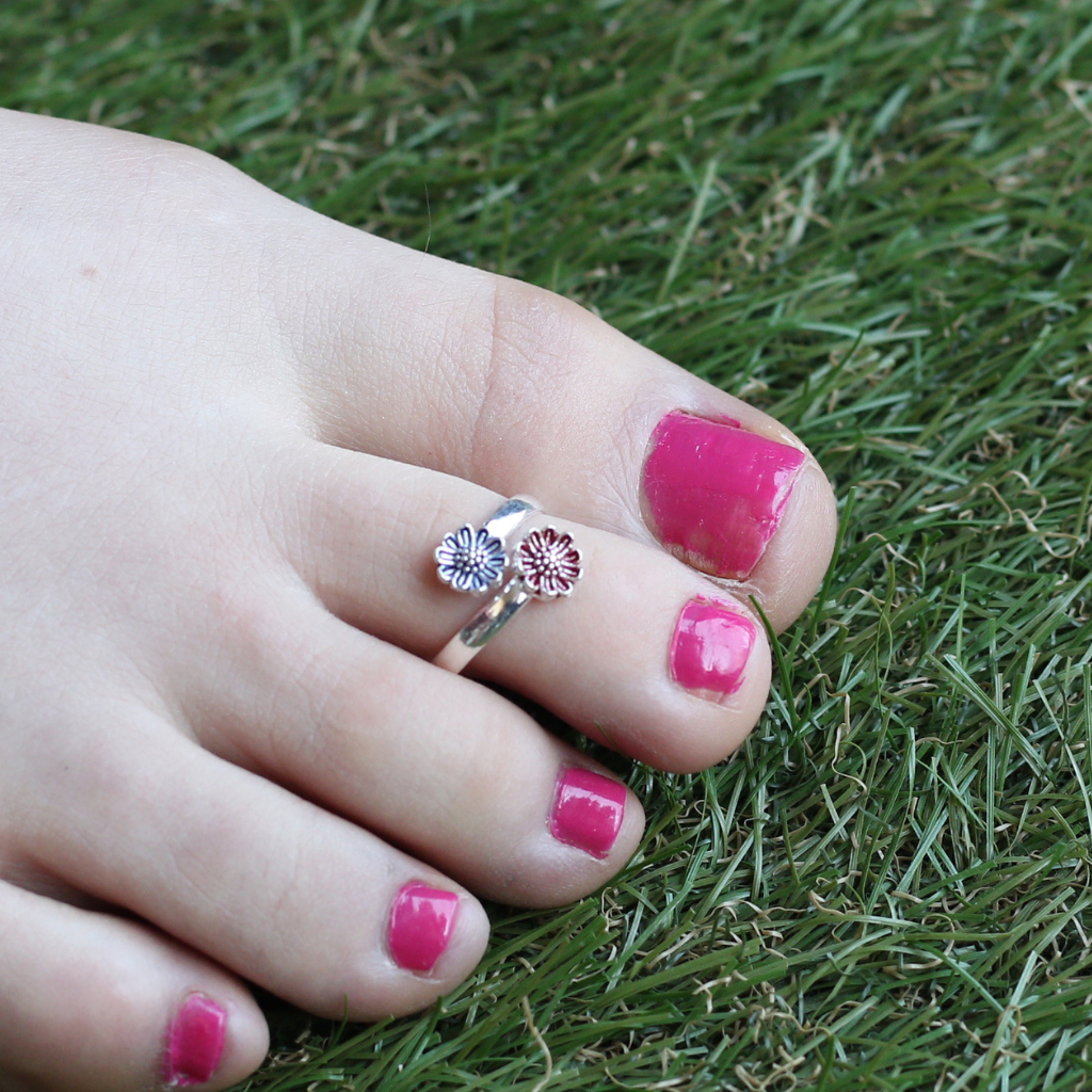 925 Silver Floral Red Blue Bohemian Midi Band Dainty Beach Toe Ring