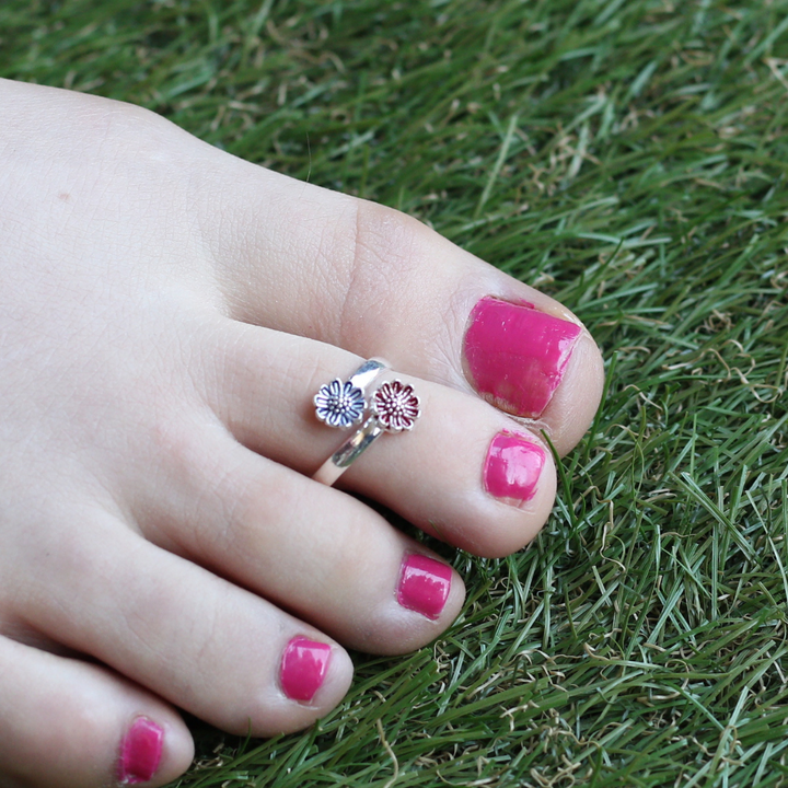 925 Silver Floral Red Blue Bohemian Midi Band Dainty Beach Toe Ring
