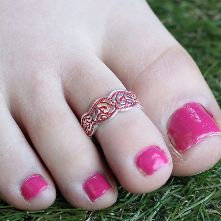 Red Adjustable Silver Midi Band Dainty Beach Toe Ring Set