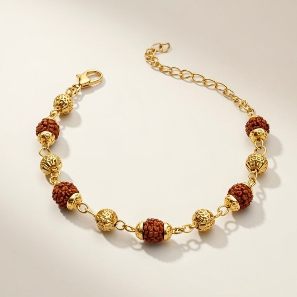 18ct Gold Plated Indian Lord Shiva Rudraksha Beaded Hindu Bracelet