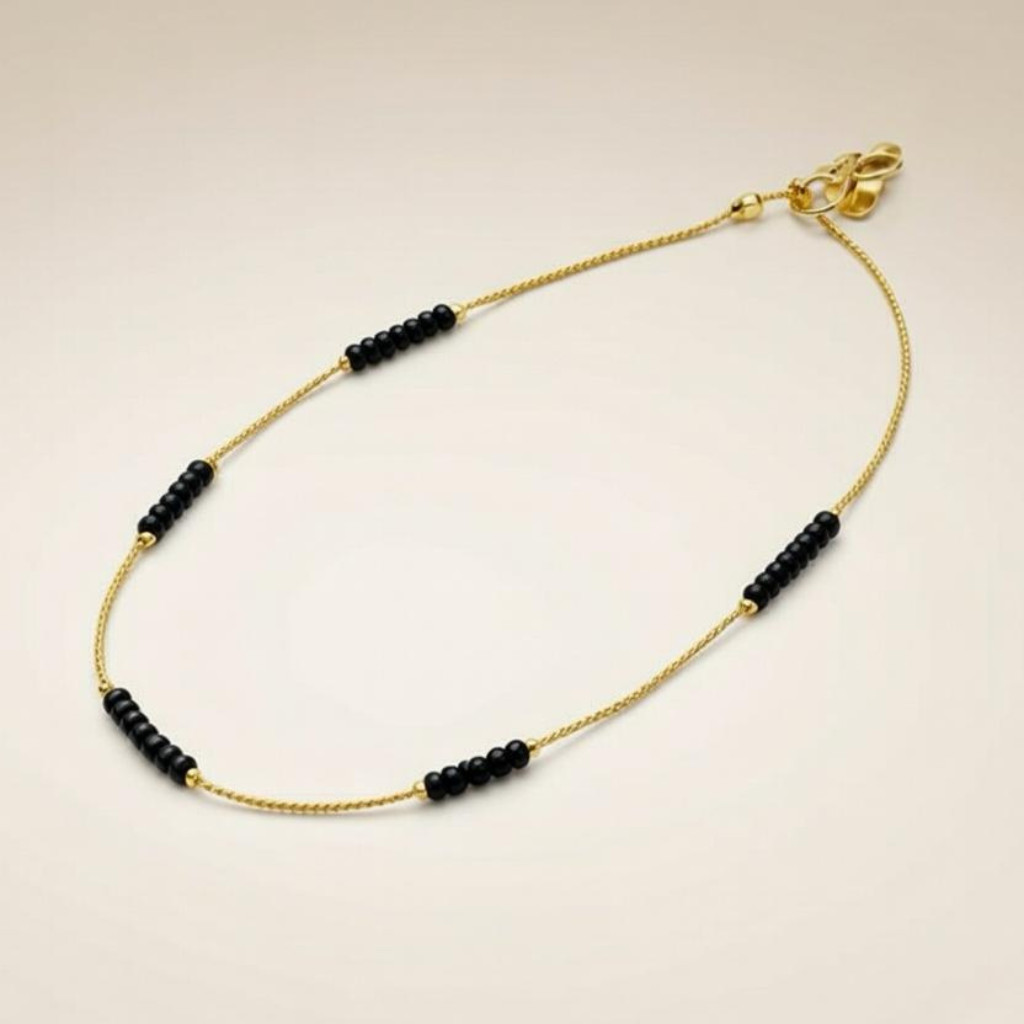 Golden Brass Black Pearl Minimalist Thin Slim Foot Payal Anklet — Boho Jewellery UK | The Colourful Aura