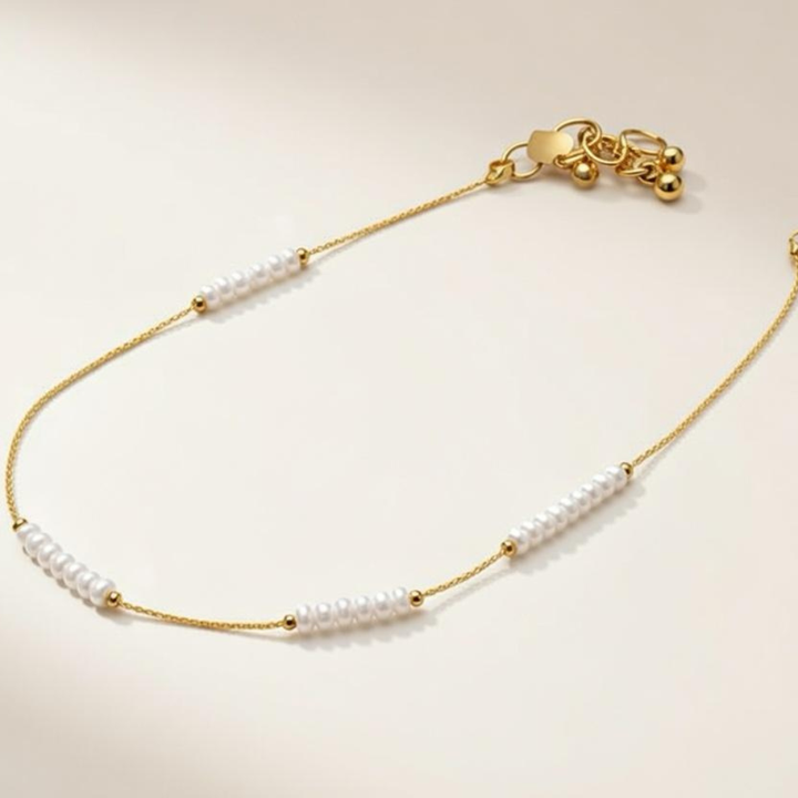 Golden Brass White Pearl Minimalist Thin Slim Foot Payal Anklet