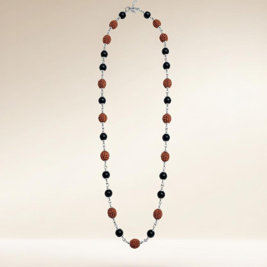 Silver Plated Rudraksha & Black Spiritual Necklace