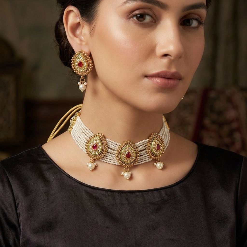 Multi Strand White Pearl Zircon Red Stone Victorian Choker set