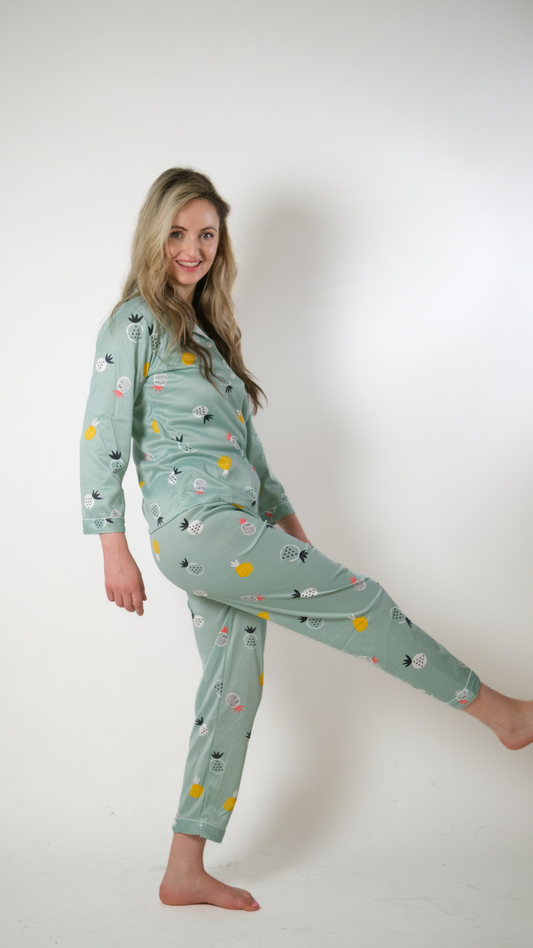 Sea Green Fruit Printed Full Sleeve Cotton nightwear women Pyjama Set