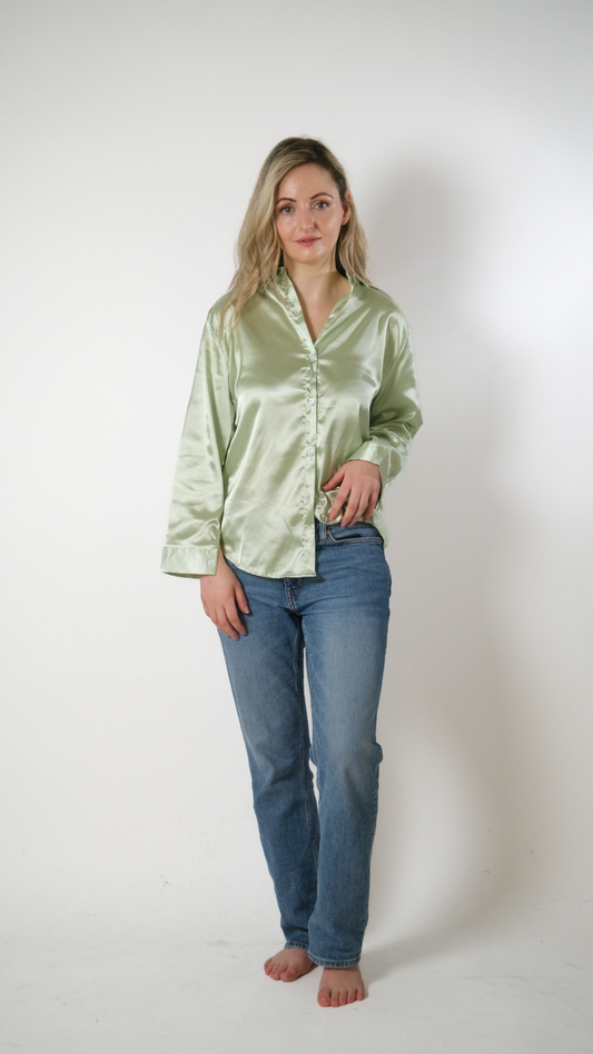 Green Silk Satin Plain Long Sleeve Solid Print Loose Shirt