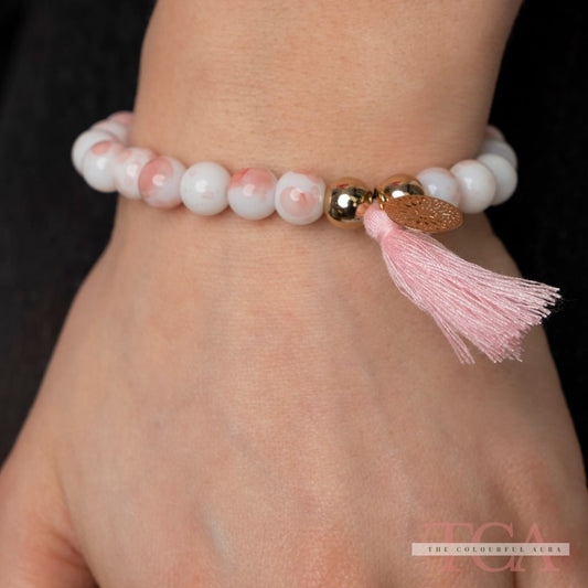 White Tender Pink Good Luck Charm Tassel Natural Boho Yoga Bracelet