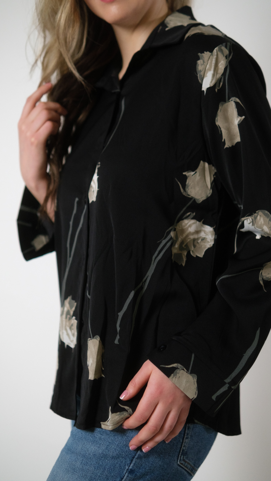 Black Satin Chiffon Long Sleeve Floral Printed Loose Shirt