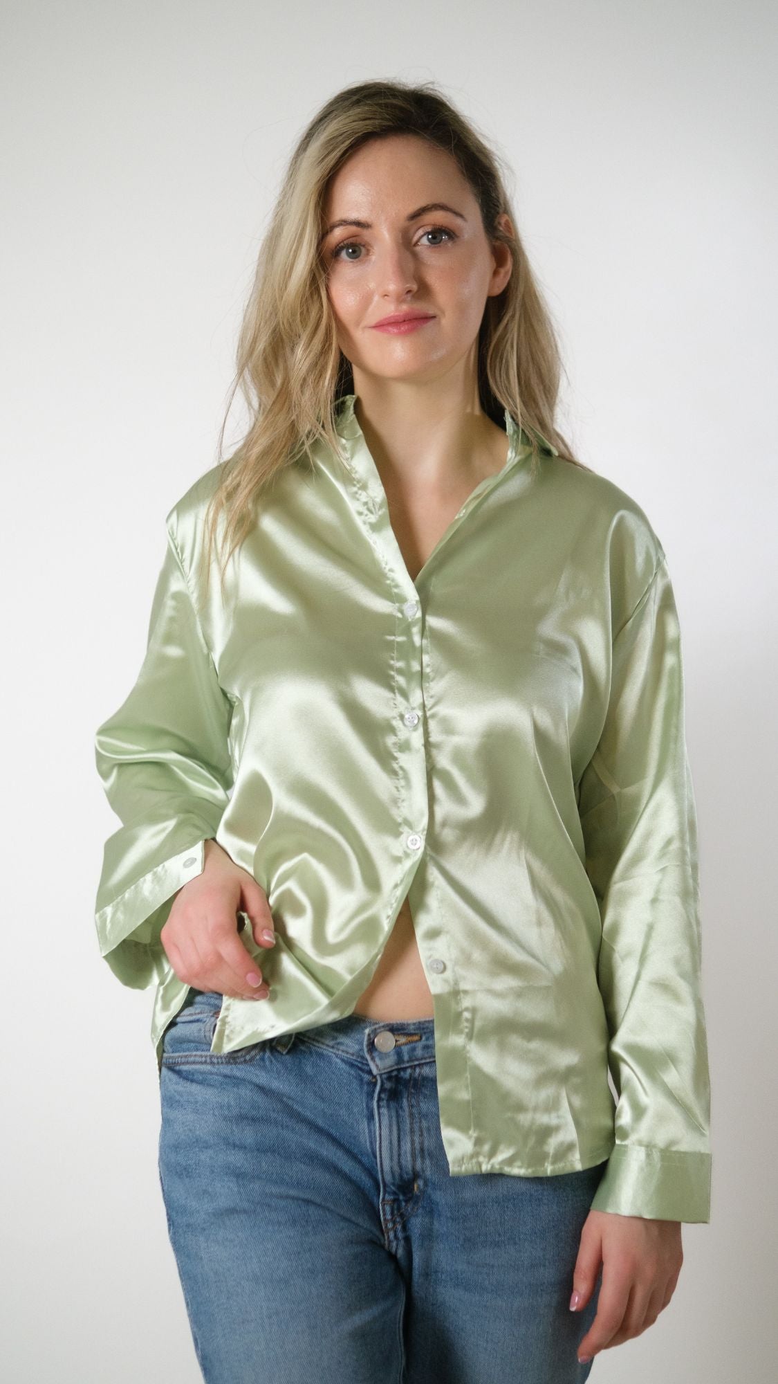 Green Silk Satin Plain Long Sleeve Solid Print Loose Shirt