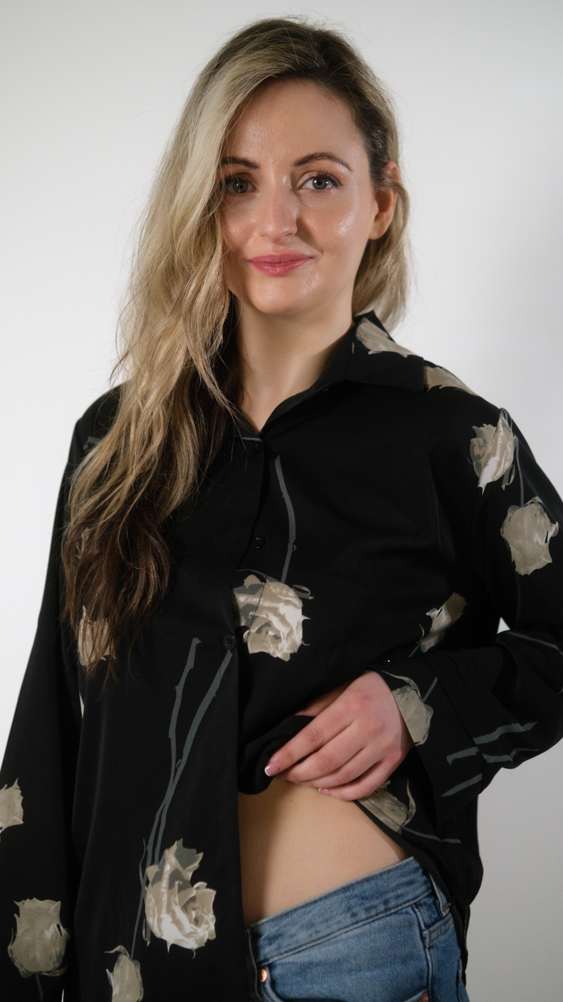 Black Satin Chiffon Long Sleeve Floral Printed Loose Shirt