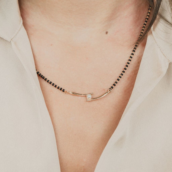 Asian Gold Plated Black Bead White Pearl Slim Mangalsutra Nazaria Necklace