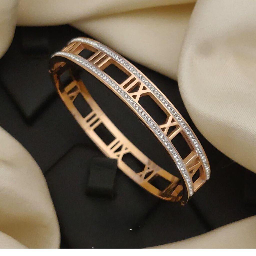 18ct Rose Gold Zircon Roman Number Cuff Wrist Bangle Bracelet