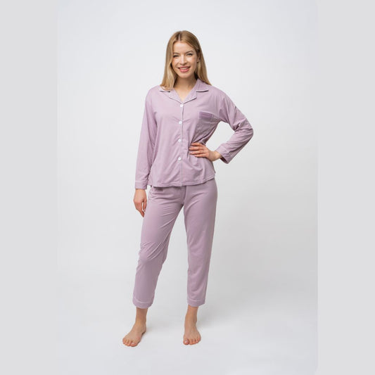 Mauve Plain Soft Cotton Long Sleeve Night Suit Women's Silk Sleepwear Pyjama Set