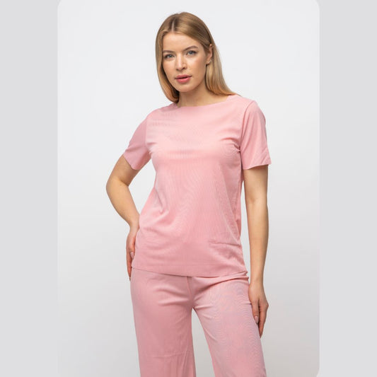 Pink Plain Soft Cotton Half Sleeve Night Suit Women's Silk Sleepwear Pyjama Set