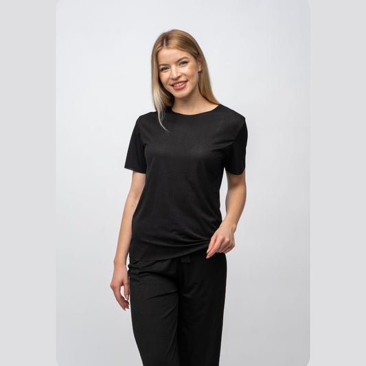 Black Plain Soft Cotton Half Sleeve Night Suit Women's Silk Sleepwear Pyjama Set