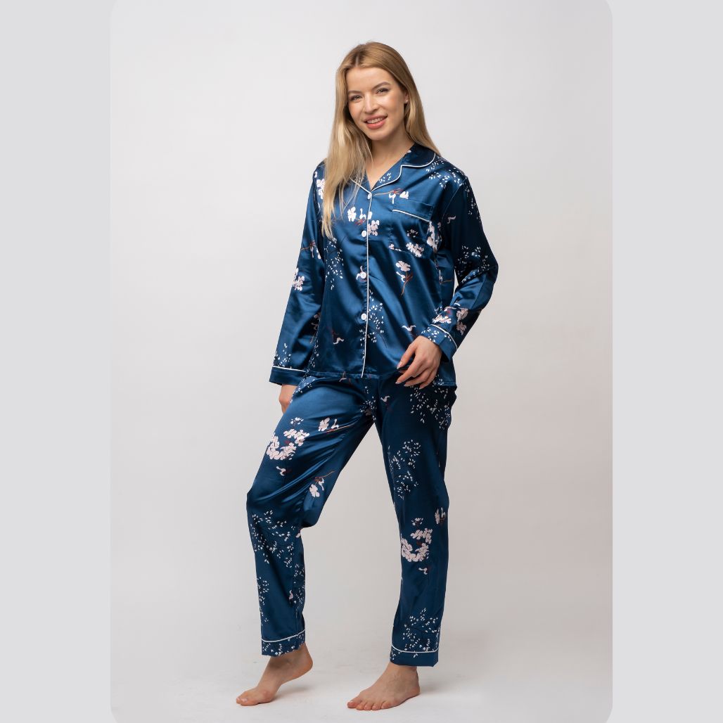 Blue Printed Soft Satin Long Sleeve Night Suit Women's Silk Sleepwear Pyjama Set