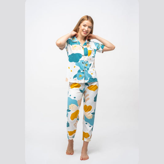 Colour Patch Printed Soft Short Sleeve Night Suit Women Cotton Sleepwear Pyjama