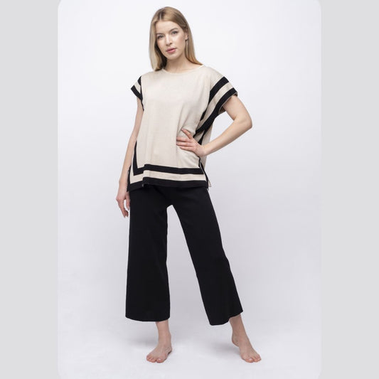 O-Neck Short Sleeve Loose Square Top Wide Leg Pant Women's Knitted Co-ord Set